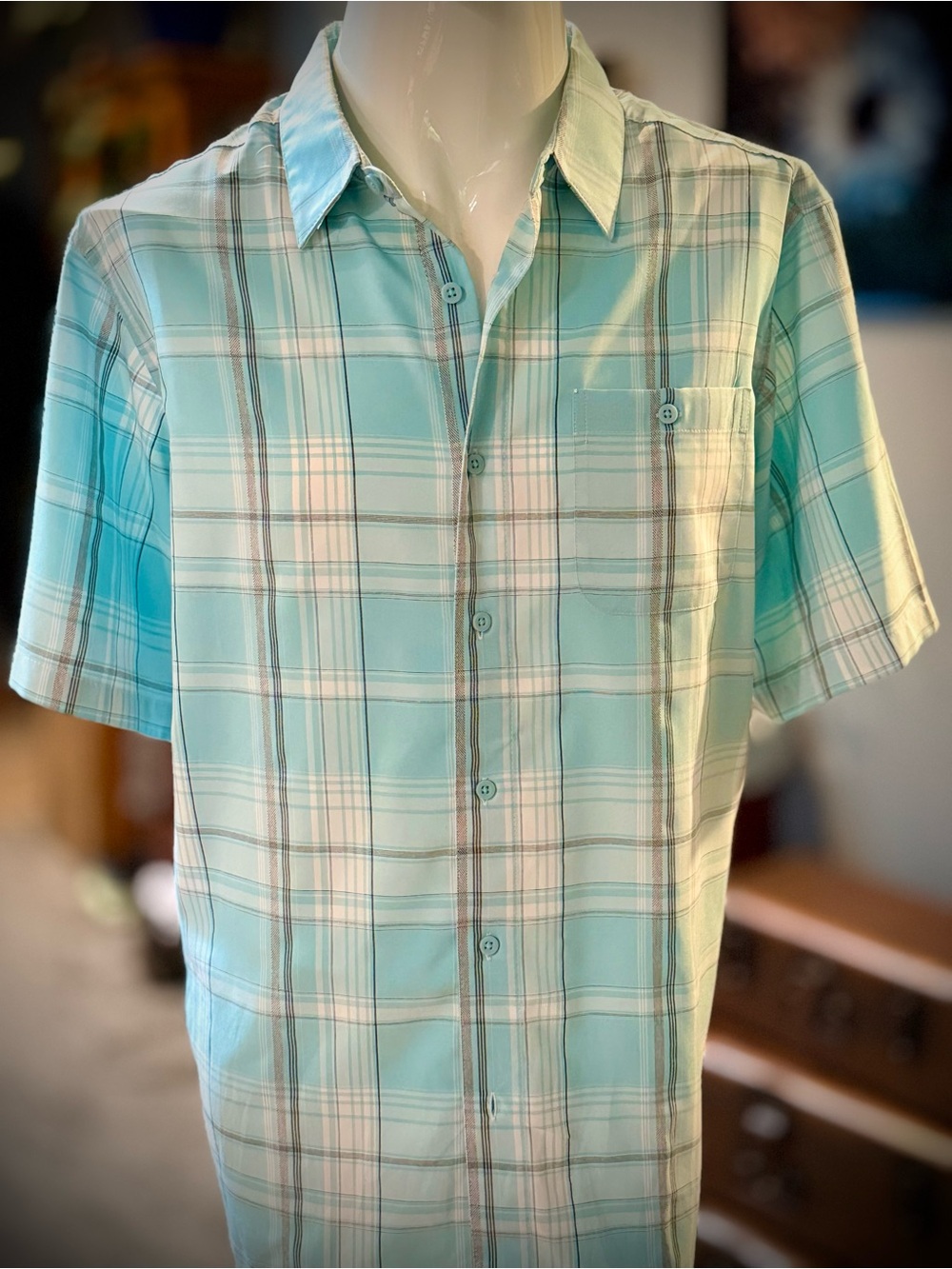 George Men's Light Aqua Plaid Short-Sleeve Button-Down Shirt